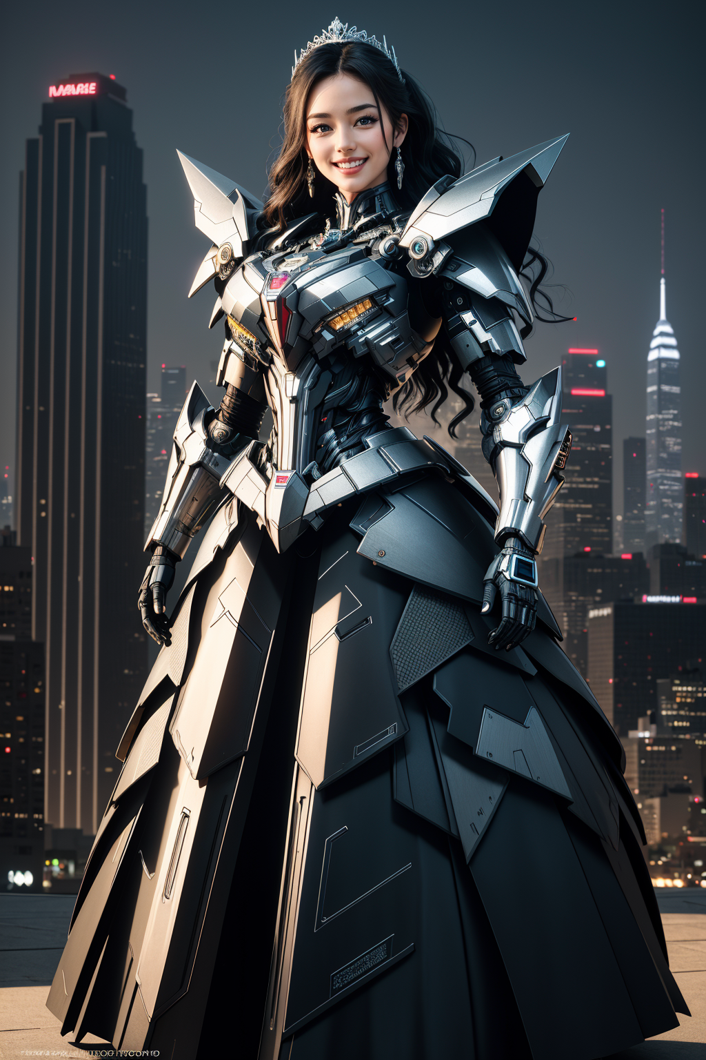 06780-3860070279-((Masterpiece, best quality,edgQuality)), _smiling,excited, edgMecha, a woman in a ballgown standing in front of a city at night.png